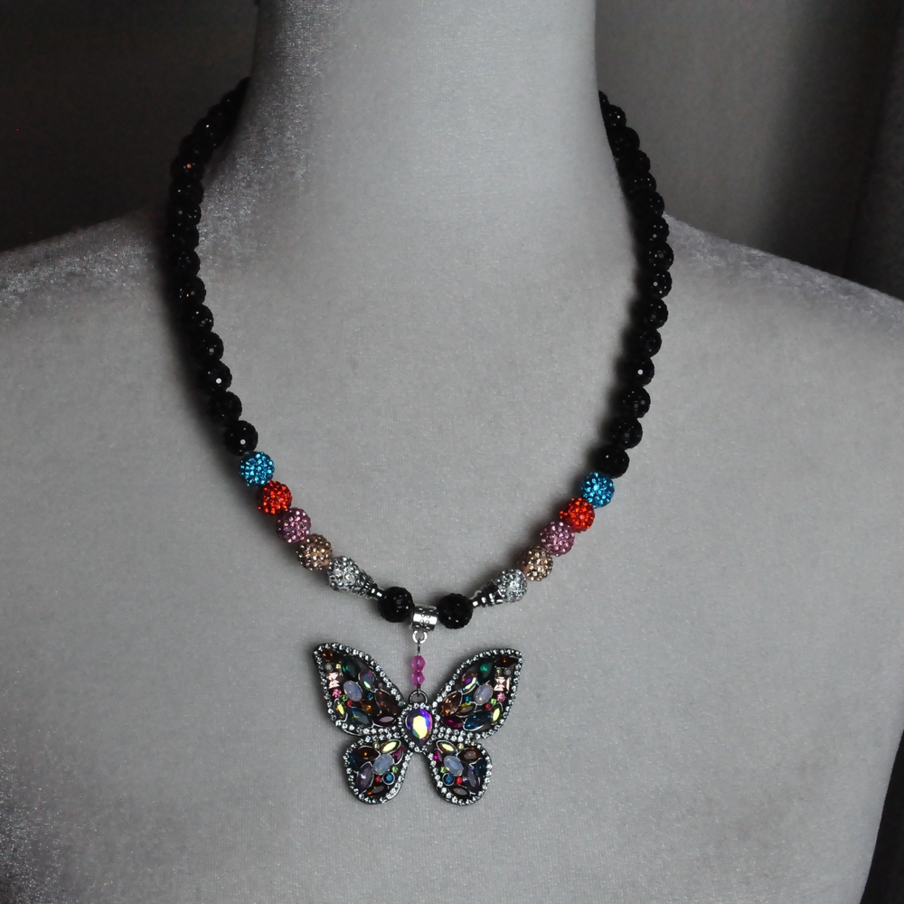 Black Beaded Butterfly Pendant Necklace
